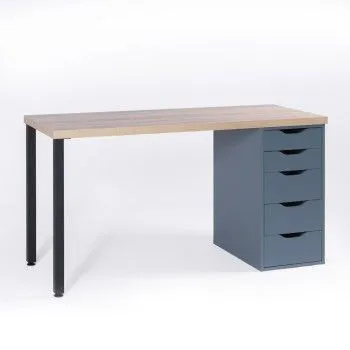 ИНГАР 2/5Т стол письменный 140x75x55, дуб беленый/серо-бирюзовый/черный