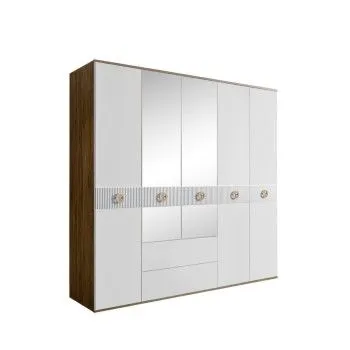 Шкаф 5-ти дверный с зеркалами, с ящиками, Bogemia Woodline Fi (Белый/Золото) БМШ1/51(Fi)