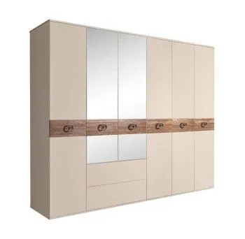 Шкаф 6-ти дверный с зеркалами, с ящиками, Bogemia Wood Fi (Ваниль/Хром) БМШ1/61(Wo)