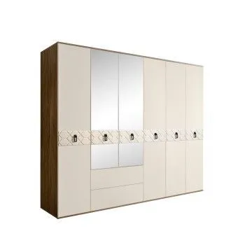 Шкаф 6-ти дверный с зеркалами, с ящиками, Bogemia Woodline Fa (Слоновая кость/Черный) БМШ1/61(Fa)