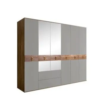 Шкаф 6-ти дверный с зеркалами, с ящиками, Bogemia Woodline Wood Fa (Серый/Золото) БМШ1/61(Wo)