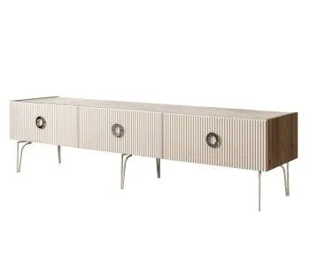 Тумба телевизионная 2.1м Bogemia Woodline Fi (Слоновая кость) (Novabuk/Хром) БМТ-2