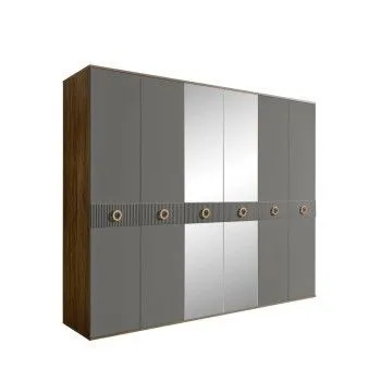 Шкаф 6-ти дв. с зеркалами Bogemia Woodline Fi (Серый/Золото) БМШ1/6(Fi)