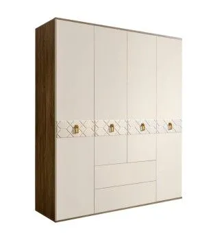 Шкаф 4-х дверный с ящиками Bogemia Woodline Fa (Слоновая кость/Золото) БМШ2/41