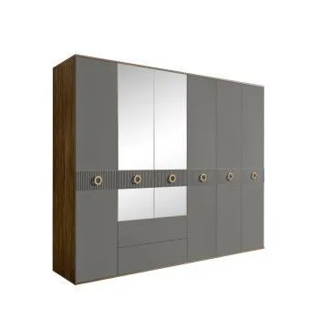 Шкаф 6-ти дверный с зеркалами, с ящиками, Bogemia Woodline Fi (Серый/Золото) БМШ1/61(Fi)