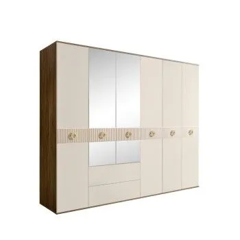Шкаф 6-ти дверный с зеркалами, с ящиками, Bogemia Woodline Fi (Слоновая кость/Золото) БМШ1/61(Fi)