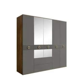 Шкаф 5-ти дверный с зеркалами, с ящиками, Bogemia Woodline Fi (Серый/Золото) БМШ1/51(Fi)