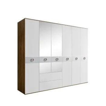 Шкаф 6-ти дверный с зеркалами, с ящиками, Bogemia Woodline Fi (Белый/Хром) БМШ1/61(Fi)