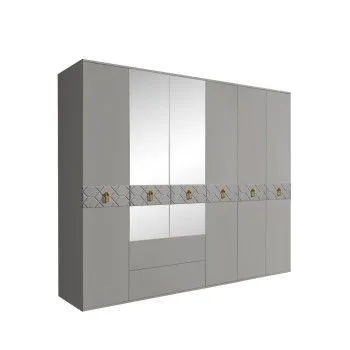 Шкаф 6-ти дверный с зеркалами, с ящиками, Bogemia Farfalle (Серый/Золото) БМШ1/61(Fa)