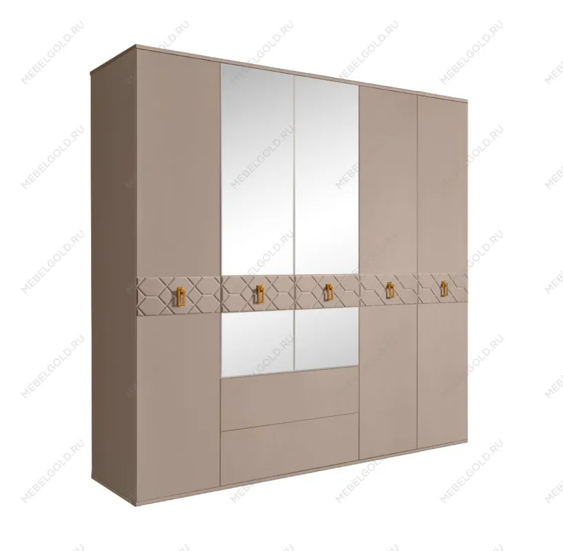 Шкаф 5-ти дверный с зеркалами, с ящиками, Bogemia Farfalle (Мокка/Золото) БМШ1/51(Fa)