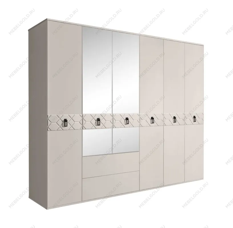 Шкаф 6-ти дверный с зеркалами, с ящиками, Bogemia Farfalle (Шелк/Черный) БМШ1/61(Fa)