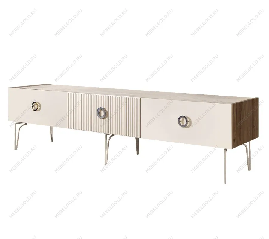 Тумба телевизионная 2.1м Bogemia Woodline Fi (Слоновая кость) (Novabuk/Хром) БМТ-2[10]