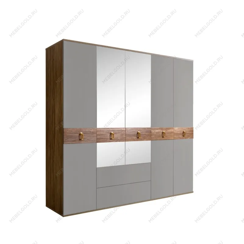 Шкаф 5-ти дверный с зеркалами, с ящиками, Bogemia Woodline Wood Fa (Серый/Золото) БМШ1/51(Wo)