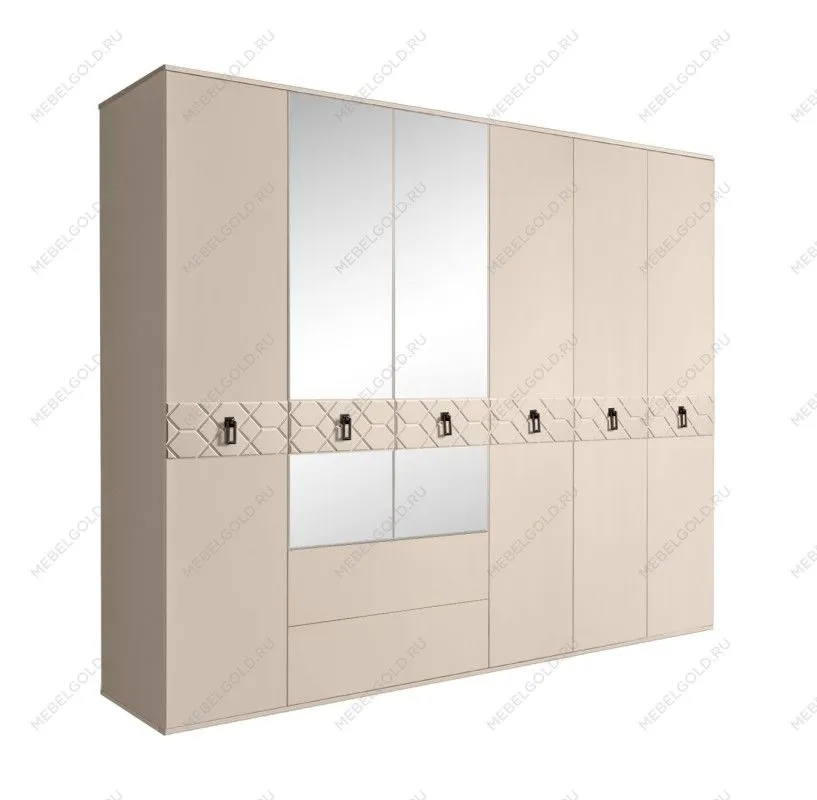 Шкаф 6-ти дверный с зеркалами, с ящиками, Bogemia Farfalle (Ваниль/Черный) БМШ1/61(Fa)