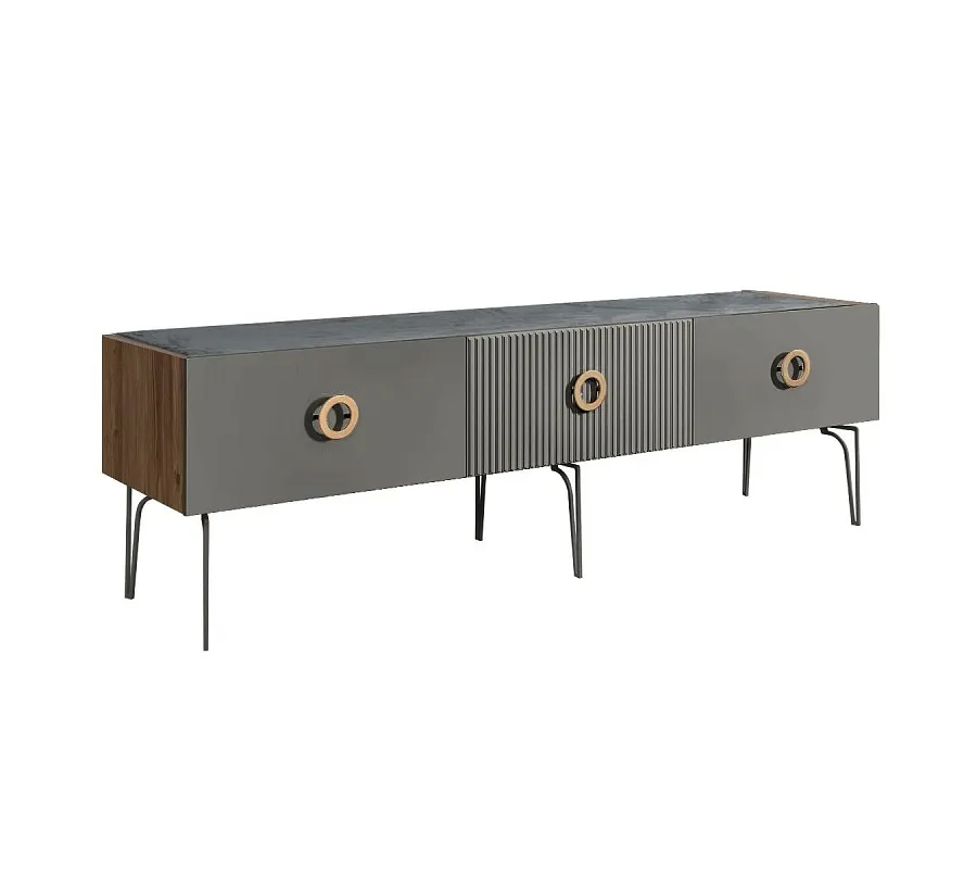 Тумба телевизионная 1.6м Bogemia Woodline Fi (Серый) (Novabuk/Золото) БМТ-1[10]