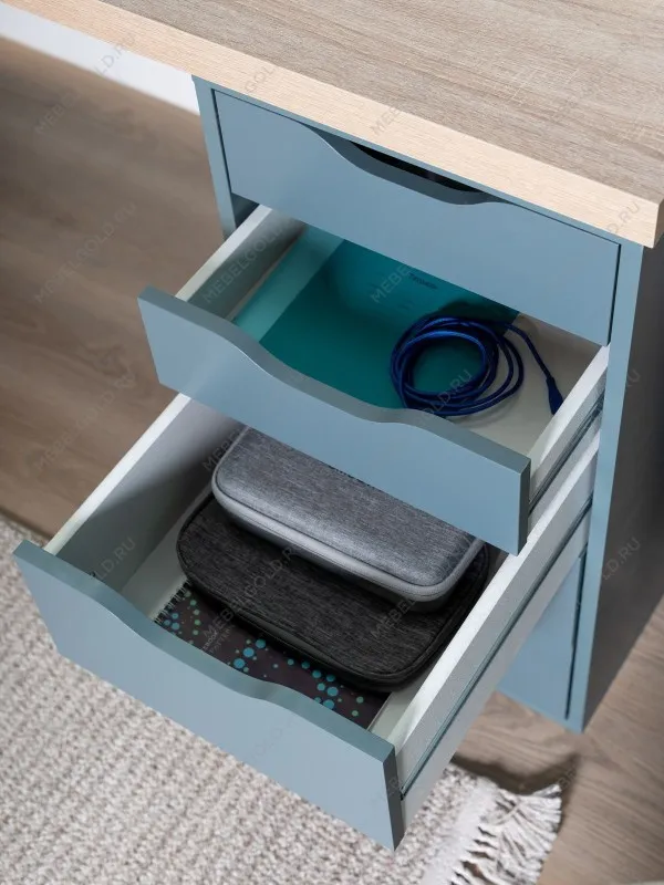 Стол письменный Ингар, с дверцей и 5 ящиками, 140x75x55, серо-бирюзовый/черный, столешница дуб беленый | изображение 4