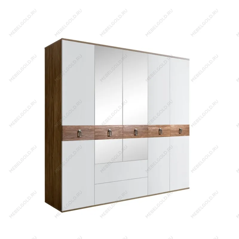 Шкаф 5-ти дверный с зеркалами, с ящиками, Bogemia Woodline Wood Fa (Белый/Хром) БМШ1/51(Wo)