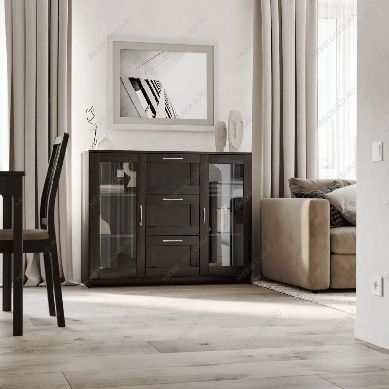 Тумба Сириус, 2 двери со стеклом и 3 ящика, 117х41х95 см, дуб венге, черно-коричневая | изображение 7