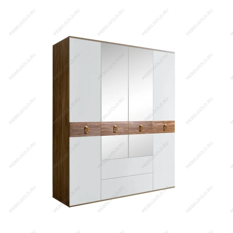 Шкаф 4-х дверный с зеркалами, с ящиками, Bogemia Woodline Wood Fa (Белый/Золото) БМШ1/41(Wo)