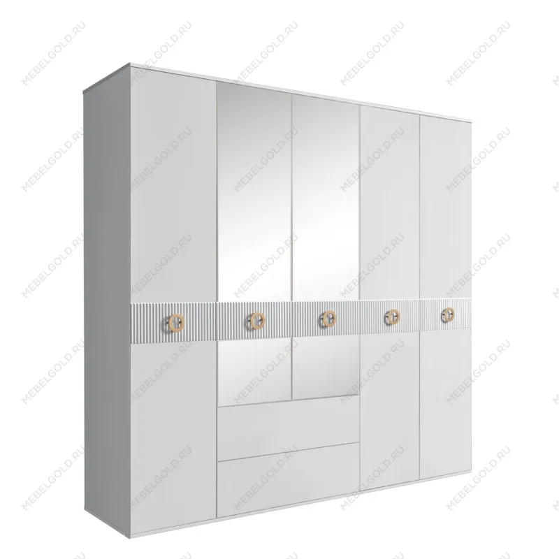 Шкаф 5-ти дверный с зеркалами, с ящиками, Bogemia Fillini (Белый/Золото) БМШ1/51(Fi)