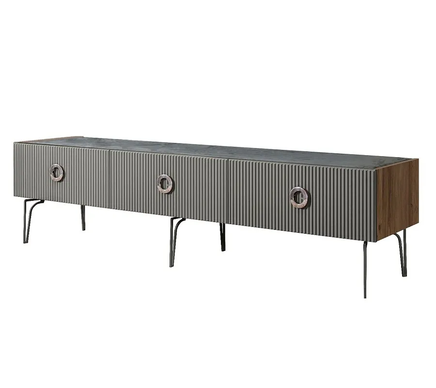 Тумба телевизионная 2.1м Bogemia Woodline Fi (Серый) (Novabuk/Хром) БМТ-2