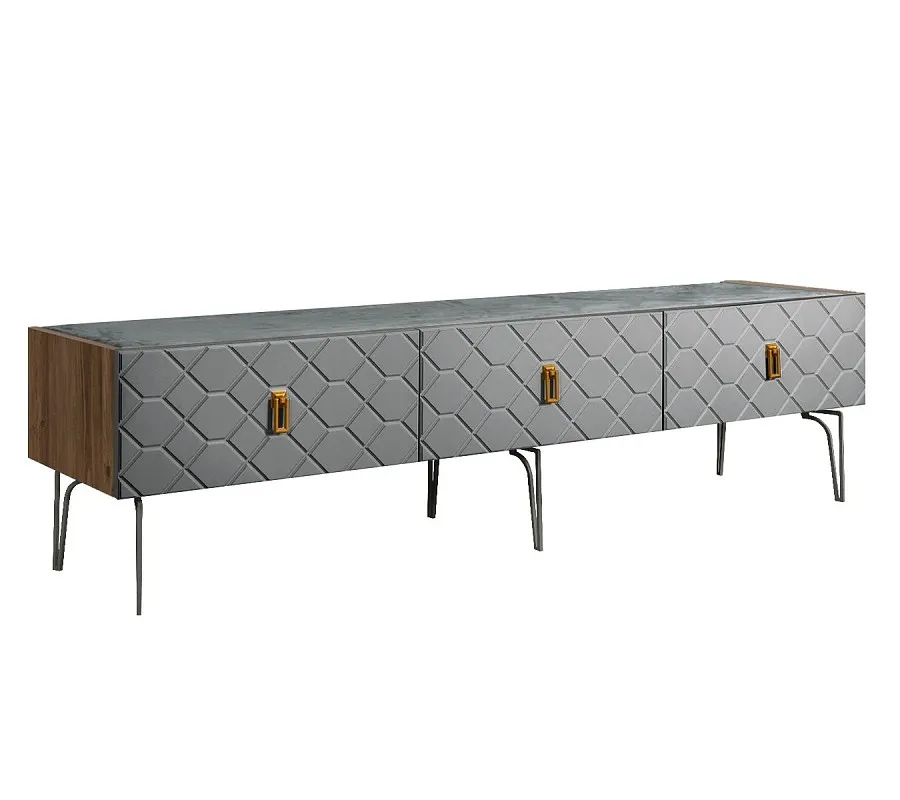 Тумба телевизионная 2.1м Bogemia Woodline Fa (Серый) (Novabuk/Золото) БМТ-2