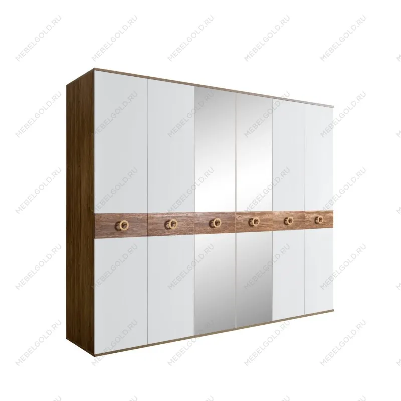 Шкаф 6-ти дв. с зеркалами Bogemia Woodline Wood Fi (Белый/Золото) БМШ1/6(Wo)