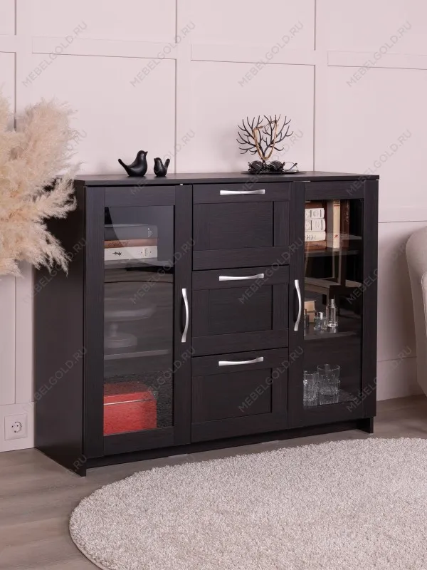 Тумба Сириус, 2 двери со стеклом и 3 ящика, 117х41х95 см, дуб венге, черно-коричневая | изображение 2