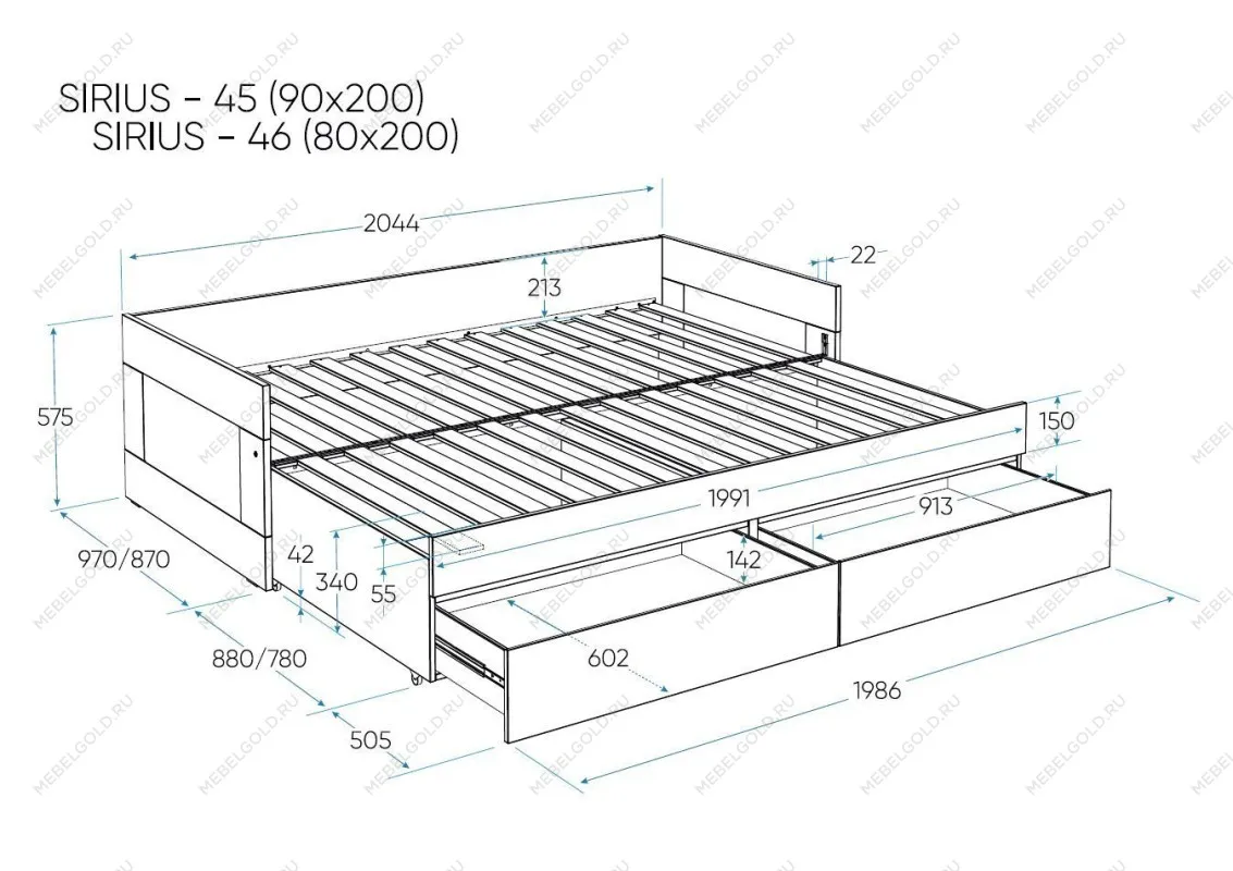 Кровать раздвижная Сириус, с ящиками, 90х200/180х200 см, дуб сонома | изображение 19