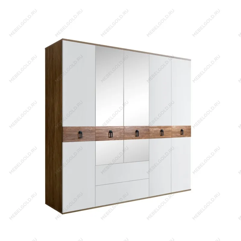 Шкаф 5-ти дверный с зеркалами, с ящиками, Bogemia Woodline Wood Fa (Белый/Черный) БМШ1/51(Wo)