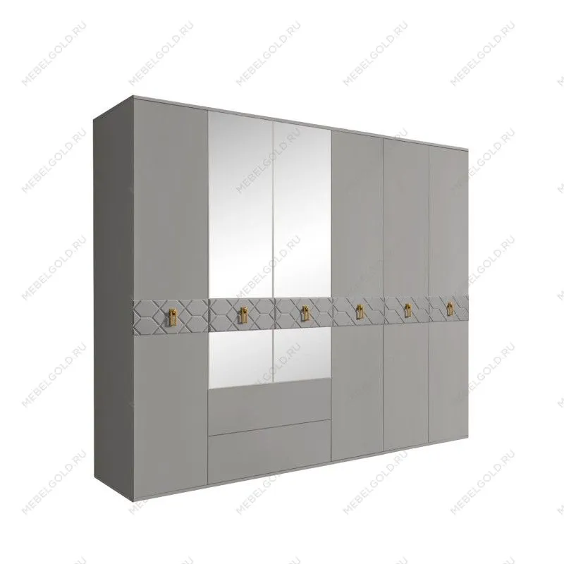 Шкаф 6-ти дверный с зеркалами, с ящиками, Bogemia Farfalle (Серый/Золото) БМШ1/61(Fa)