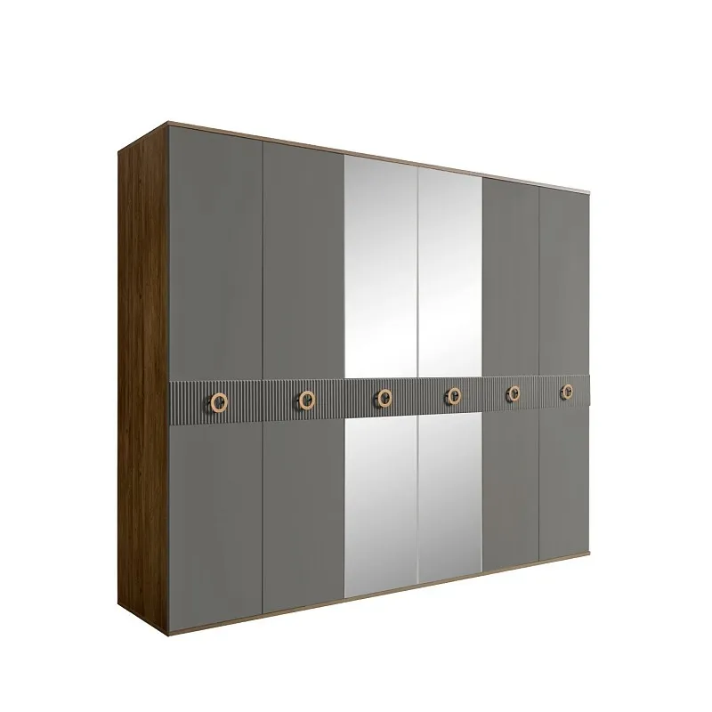 Шкаф 6-ти дв. с зеркалами Bogemia Woodline Fi (Серый/Золото) БМШ1/6(Fi)