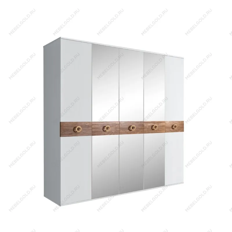 Шкаф 5-ти дв. с зеркалами Bogemia Wood Fi (Белый/Золото) БМШ1/5(Wo)
