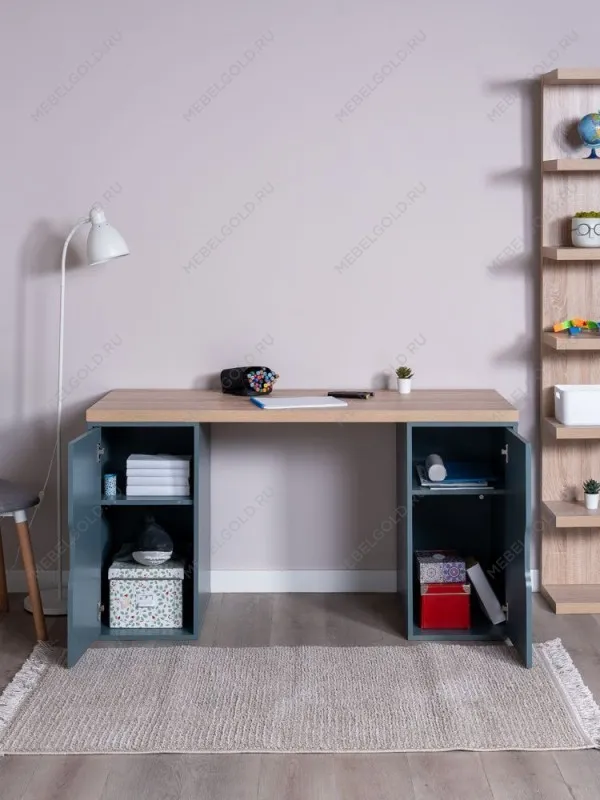 Стол письменный Ингар, с двумя дверцами, 140x75x55, серо-бирюзовый/черный, столешница дуб беленый | изображение 2