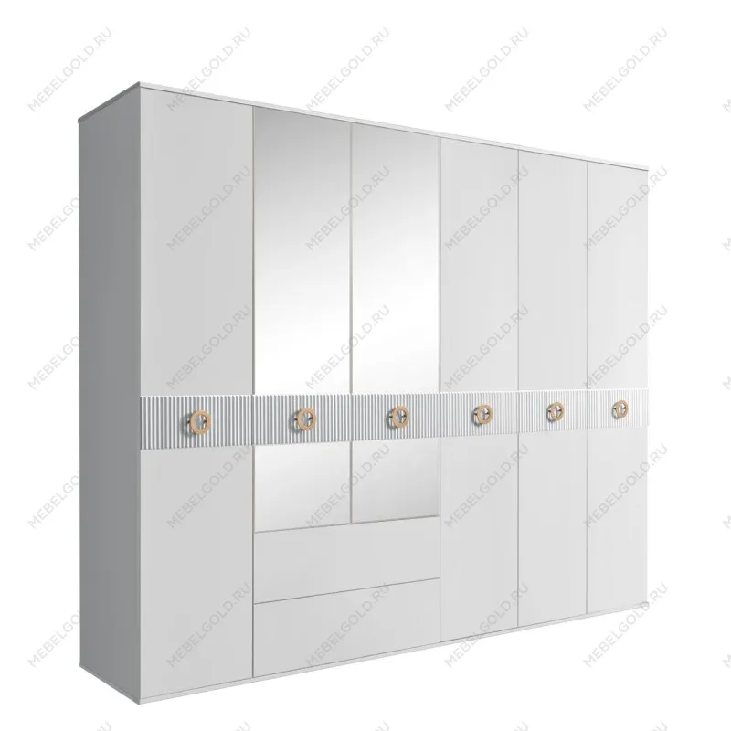 Шкаф 6-ти дверный с зеркалами, с ящиками, Bogemia Fillini (Белый/Золото) БМШ1/61(Fi)