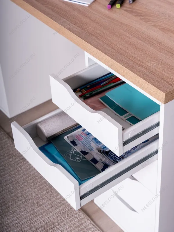 Стол письменный Ингар, с дверцей и 5 ящиками, 140x75x55, белый, столешница дуб беленый | изображение 6