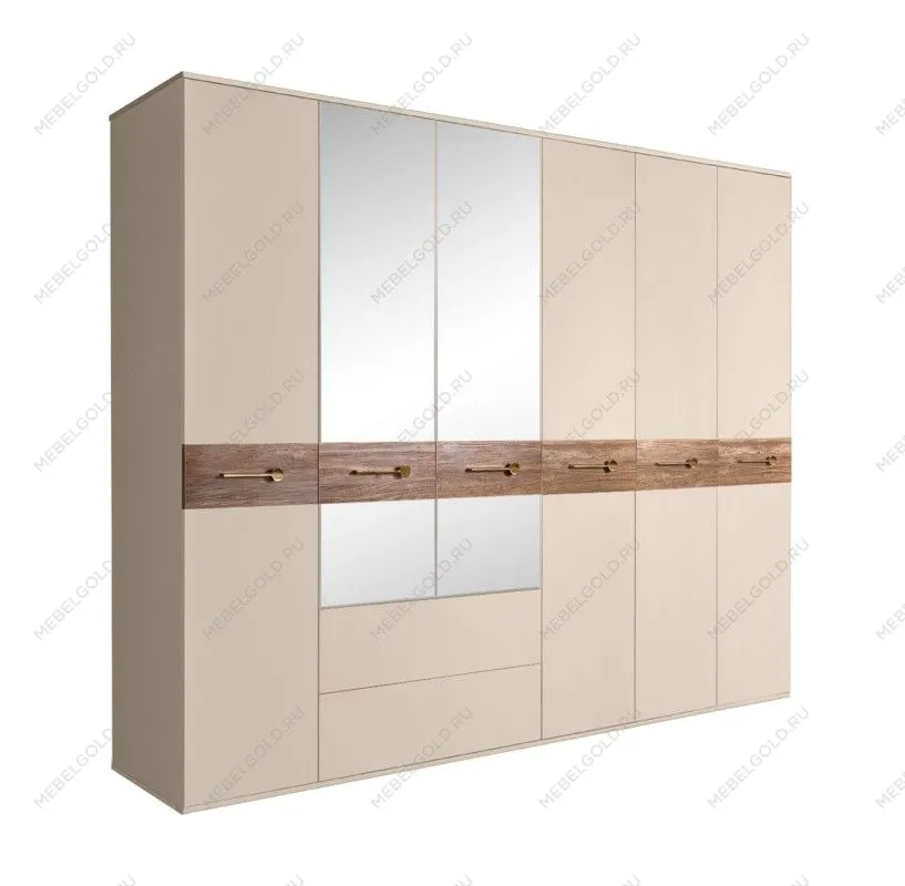 Шкаф 6-ти дверный с зеркалами, с ящиками, Bogemia Wood Wo (Ваниль/Золото) БМШ1/61(Wo)