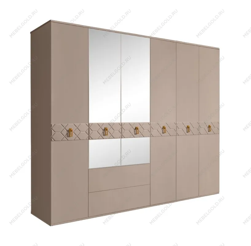 Шкаф 6-ти дверный с зеркалами, с ящиками, Bogemia Farfalle (Мокка/Золото) БМШ1/61(Fa)