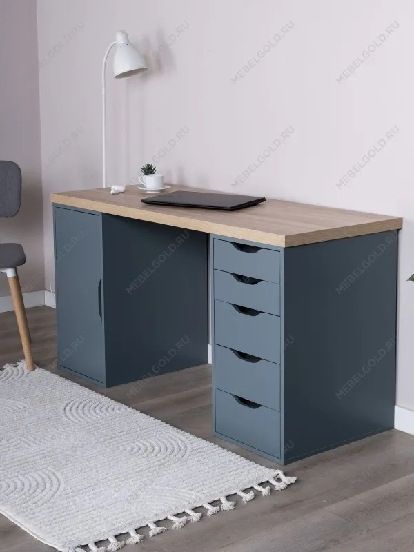Стол письменный Ингар, с дверцей и 5 ящиками, 140x75x55, серо-бирюзовый/черный, столешница дуб беленый | изображение 1