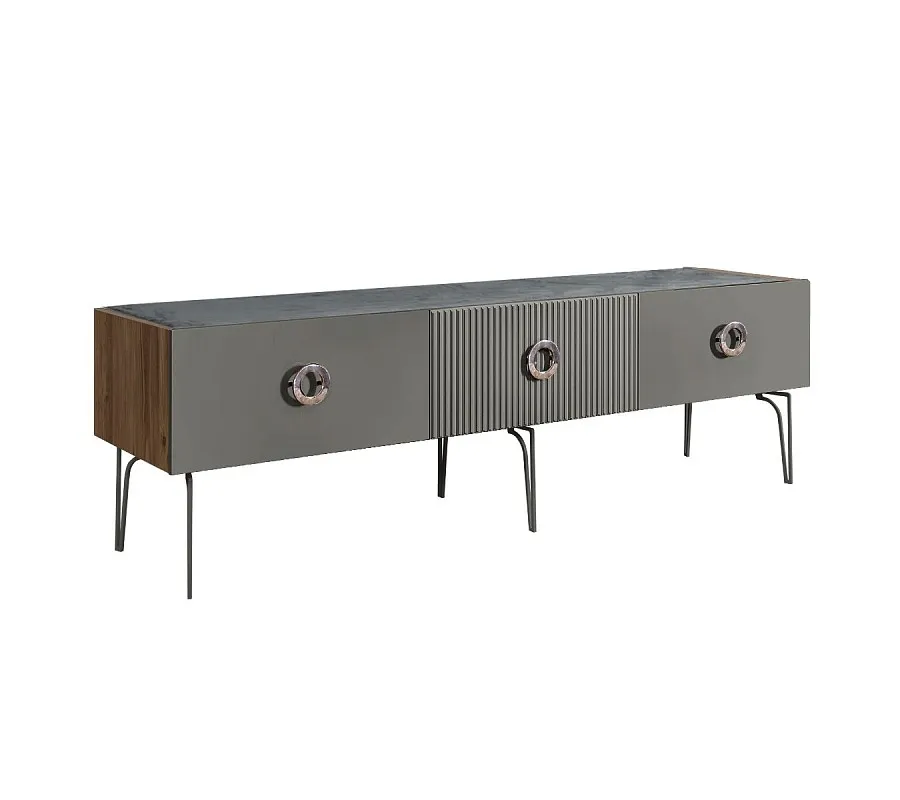 Тумба телевизионная 1.6м Bogemia Woodline Fi (Серый) (Novabuk/Хром) БМТ-1[10]