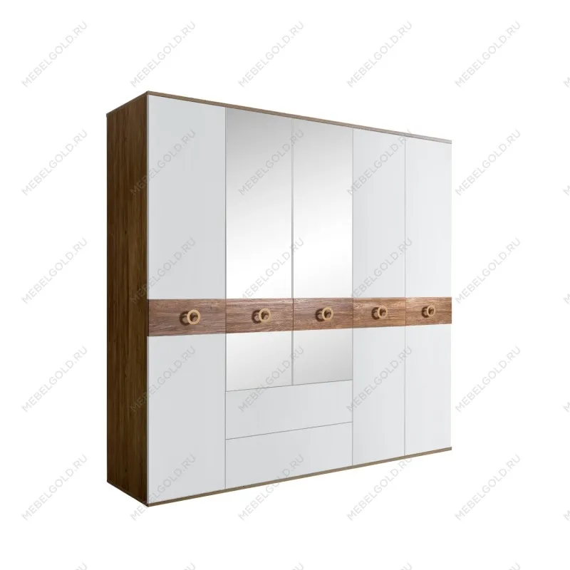 Шкаф 5-ти дверный с зеркалами, с ящиками, Bogemia Woodline Wood Fi (Белый/Золото) БМШ1/51(Wo)