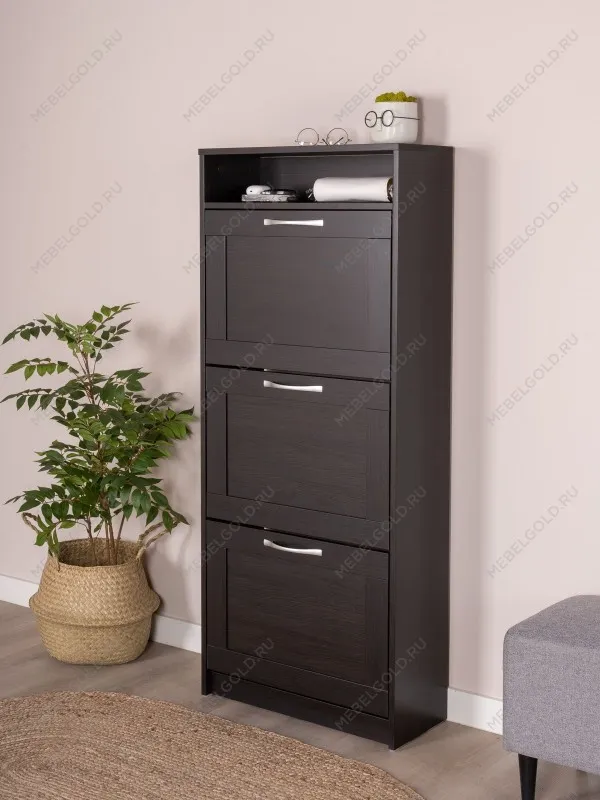 Обувница Сириус с 3 откидными ящиками, 60 х 25 х143 см, ЛДСП, дуб венге, черно-коричневая | изображение 1