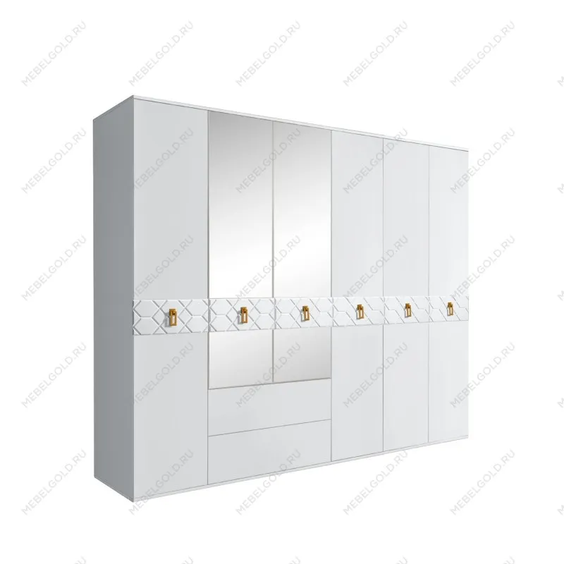 Шкаф 6-ти дверный с зеркалами, с ящиками, Bogemia Farfalle (Белый/Золото) БМШ1/61(Fa)