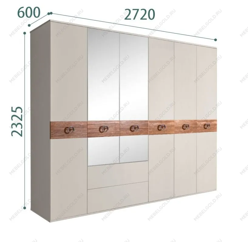 Шкаф 6-ти дверный с зеркалами, с ящиками, Bogemia Wood Fi (Шелк/Хром) БМШ1/61(Wo)