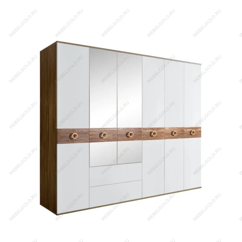 Шкаф 6-ти дверный с зеркалами, с ящиками, Bogemia Woodline Wood Fi (Белый/Золото) БМШ1/61(Wo)