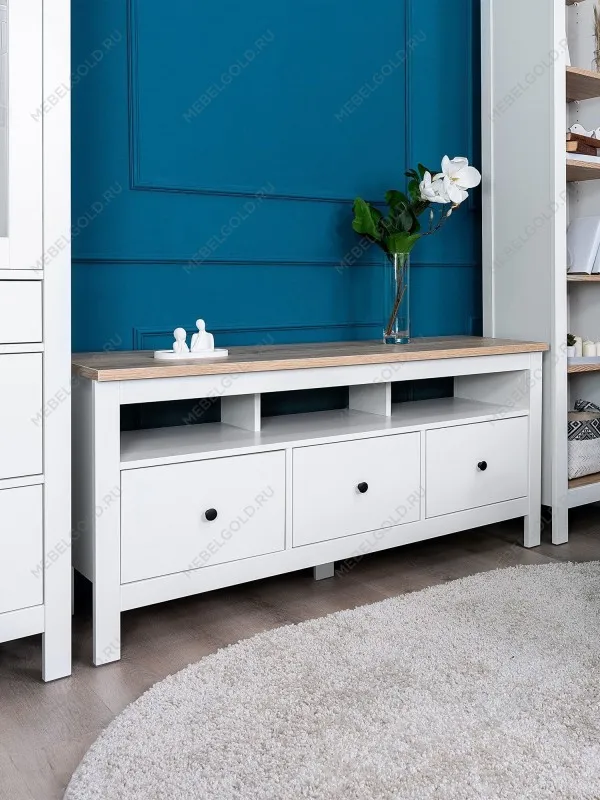 Центральный склад - Тумба ТВ Сага, 3 ящика, 131х42х63 см, белая/ясень | изображение 1