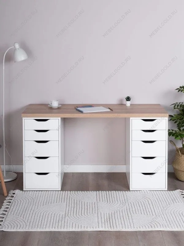 Стол письменный Ингар, 10 ящиков, 140х75х55 см, белый, столешница дуб беленый | изображение 1