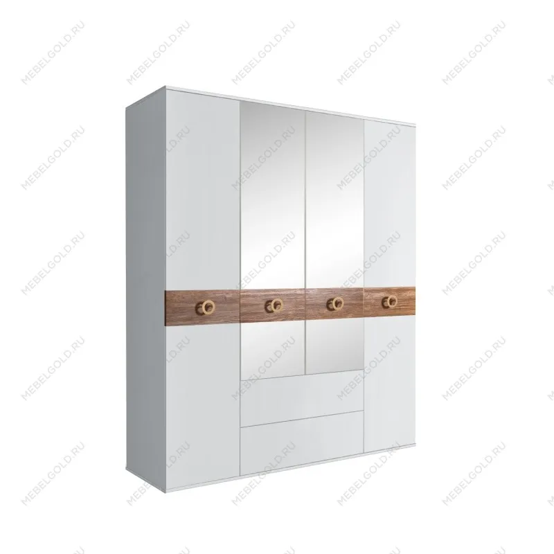 Шкаф 4-х дверный с зеркалами, с ящиками, Bogemia Wood Fi (Белый/Золото) БМШ1/41(Wo)