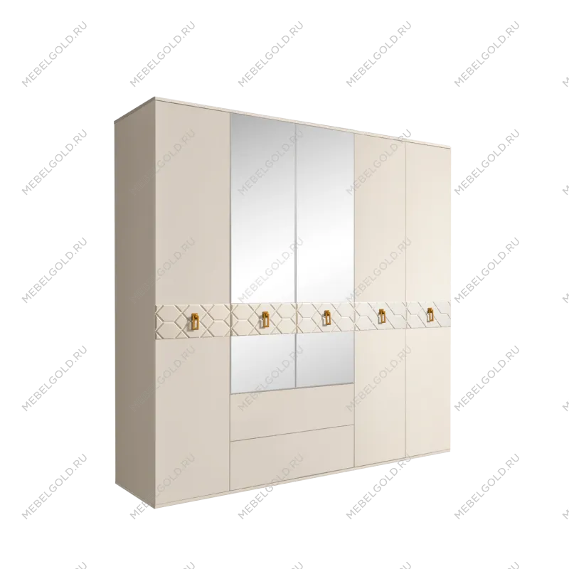 Шкаф 5-ти дверный с зеркалами, с ящиками, Bogemia Farfalle (Слоновая кость/Золото) БМШ1/51(Fa)