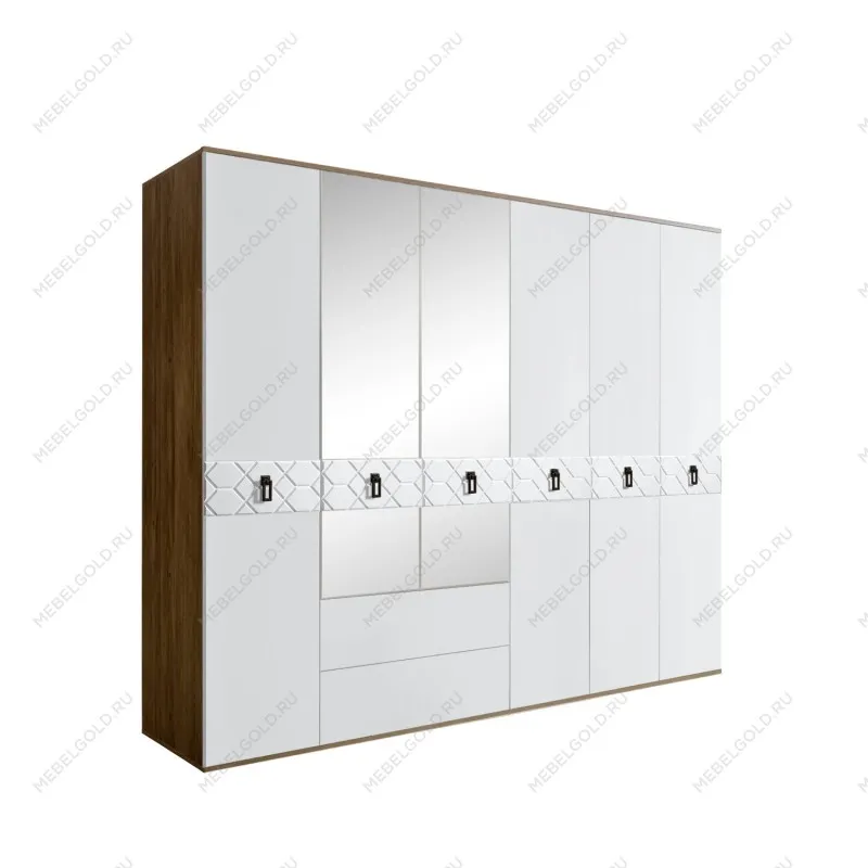 Шкаф 6-ти дверный с зеркалами, с ящиками, Bogemia Woodline Fa (Белый/Черный) БМШ1/61(Fa)